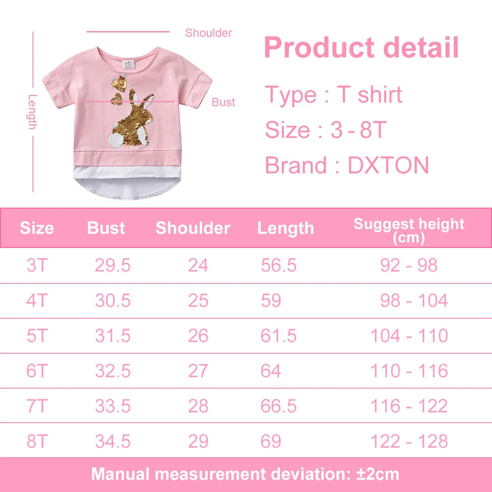 "VETEMENTS" T-shirts à manches courtes DXTON pour filles, motif lapin à paillettes, col rond, hauts et t-shirts décontractés pour enfants
