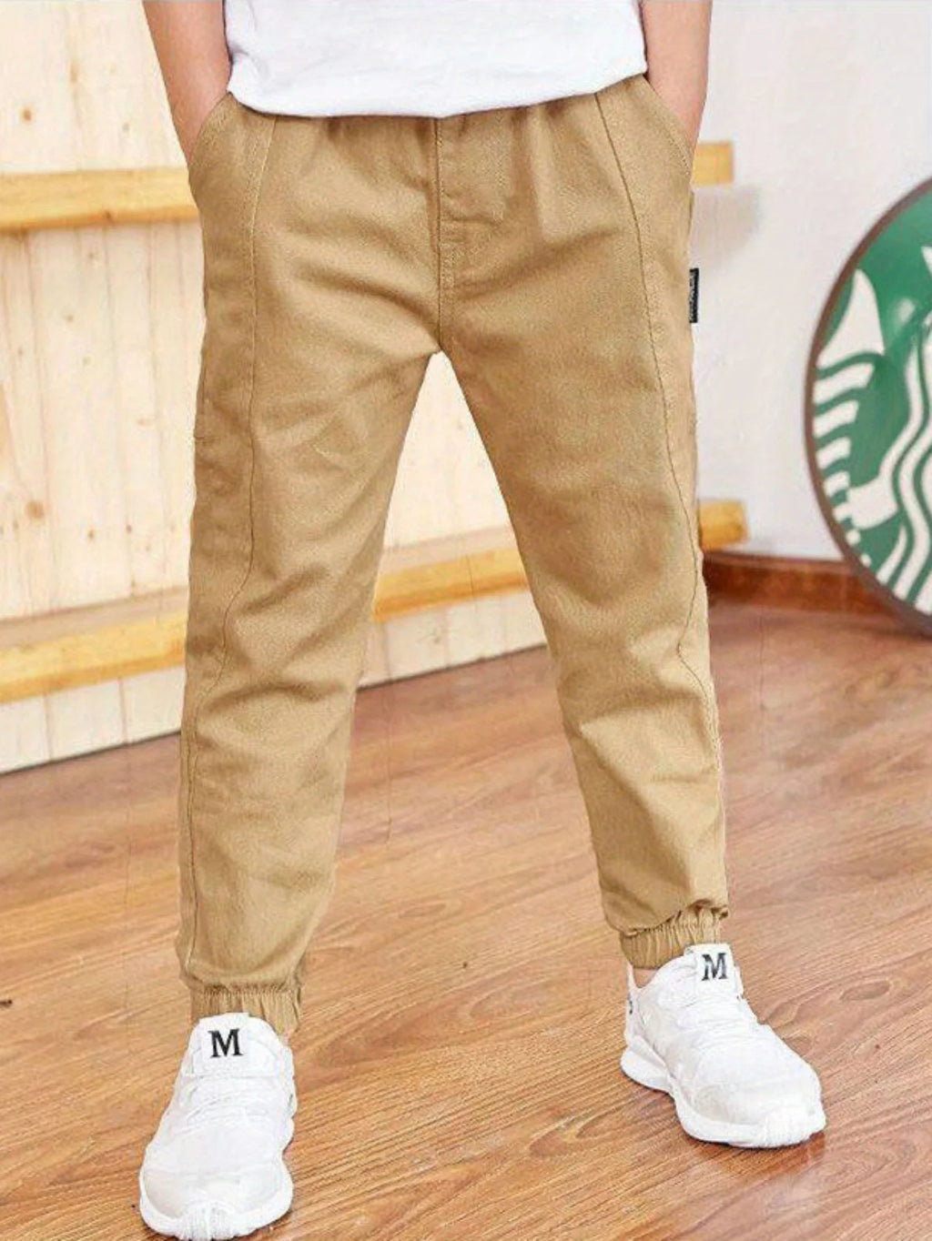 Boy's Stylish Solid Color Jogger Pants Elastic Waist Outdoor Casual Cargo Jogger Trousers