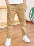 Boy's Stylish Solid Color Jogger Pants Elastic Waist Outdoor Casual Cargo Jogger Trousers