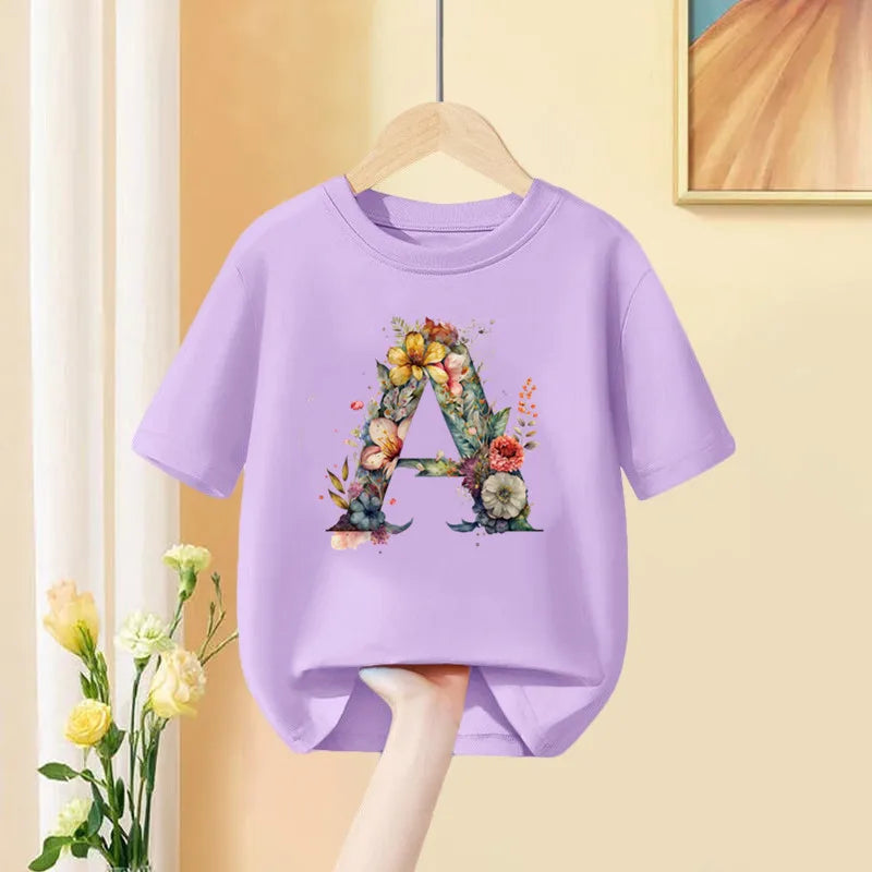 Girls T-Shirt 26 English Letter A B C D Children Fashion Flower T Shirt Kids  Custom Name Letter Summer Purple Clothes