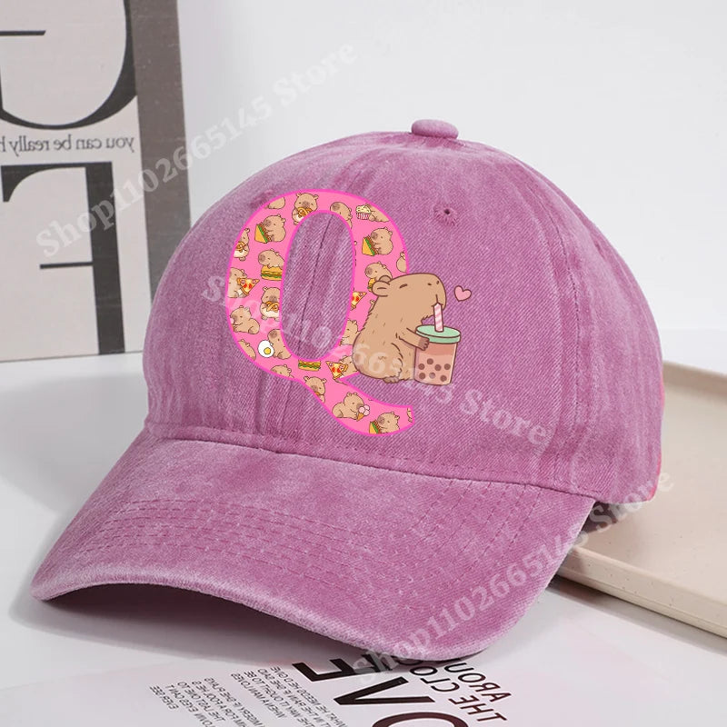 Capibara Baseball Cap for Women New Cute Capybara Letter A-Z Sun Hat Outdoor Sport Travel Sunbonnet Adult Fashion Headgear Gift