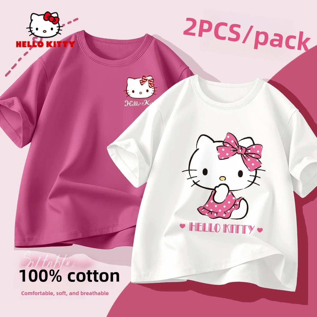 "VETEMENTS" (2 pièces par paquet) articles filles 100% coton, T-shirt Hello Kitty imprimé