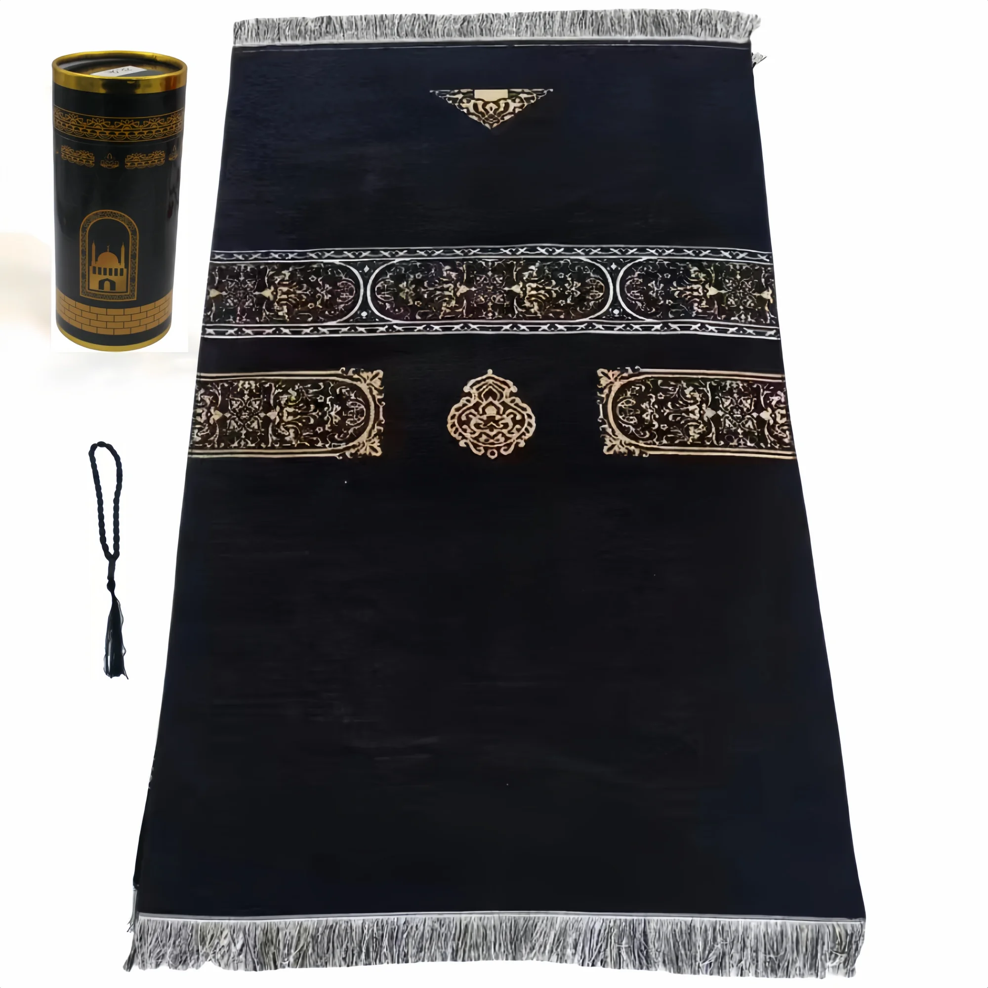 "SPECIAL RAMADAN" Muslim Prayer Rug and Prayer Beads with Gift Box; Muslim Prayer Rug and Prayer Beads with Elegant Design Cylinder Gift Box Soft Islamic Gifts Set Carpet Mat Black