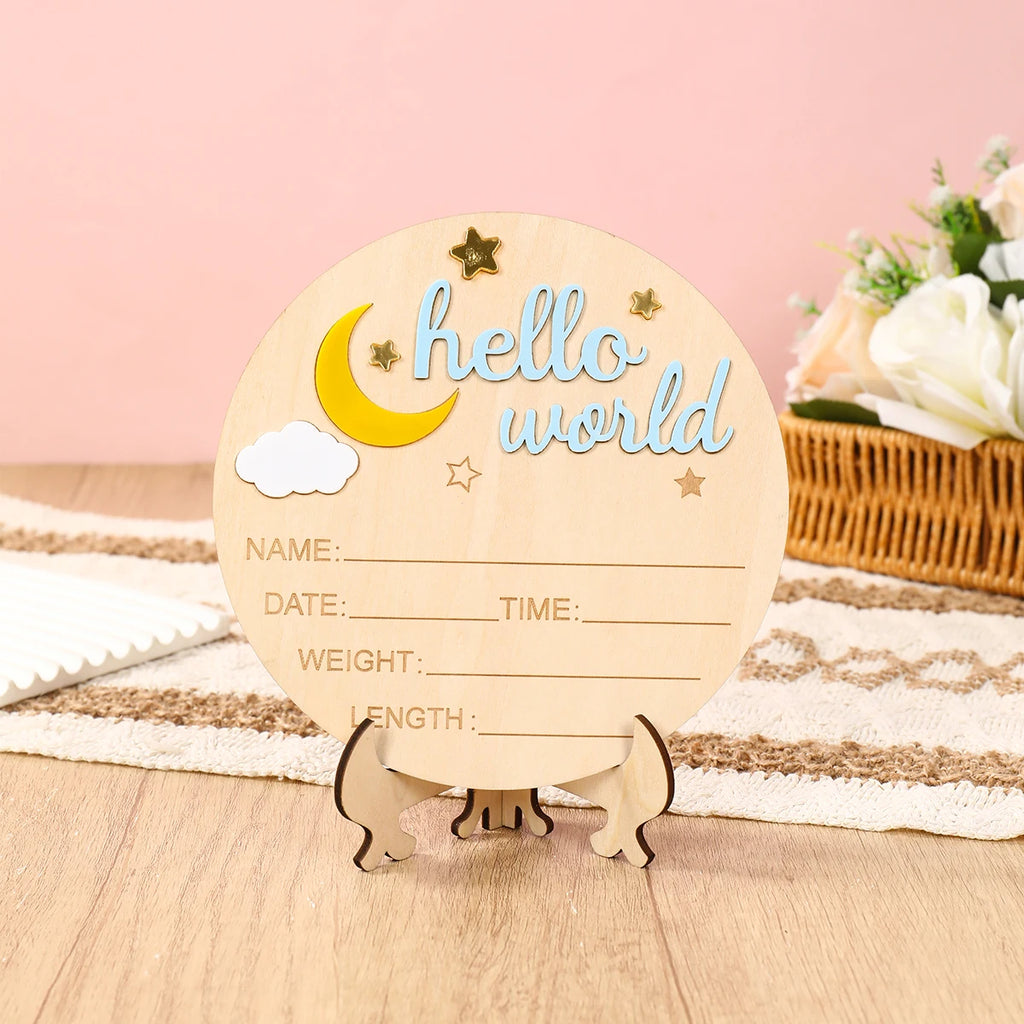 1pc Newborn Announcement Sign Hello World Newborn Welcome Sign New Baby Announcement Wooden Plaque Sign Newborn Welcome Card