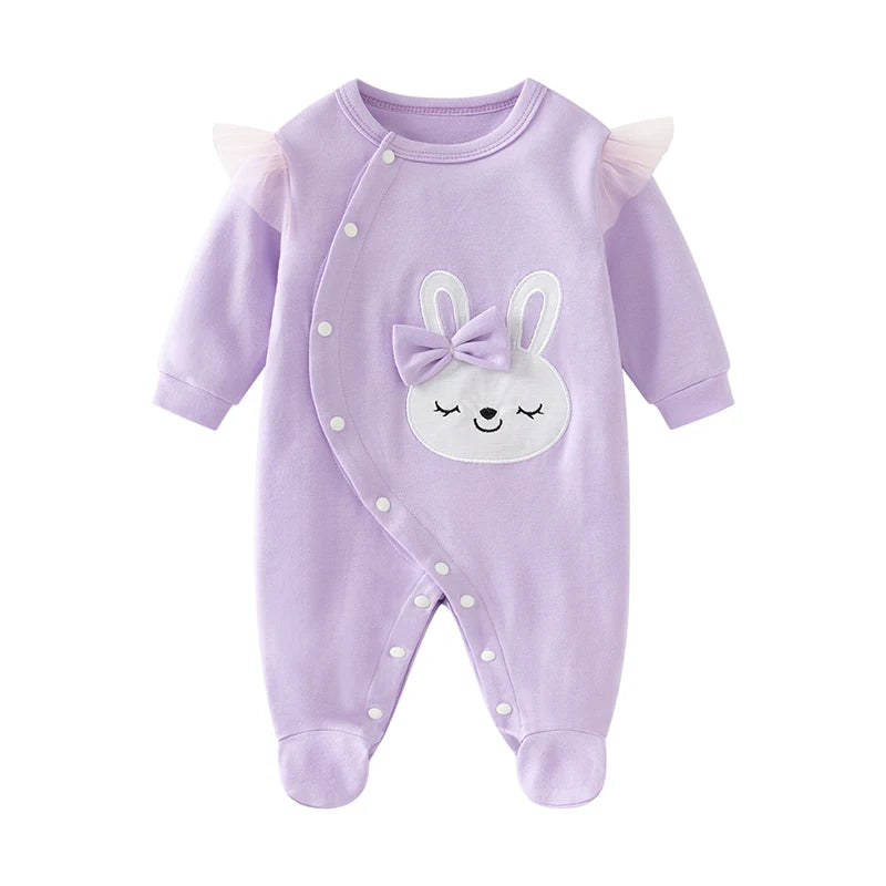 Newborn baby girl spring & fall jumpsuit with long sleeves pure cotton cute yellow cartoon embroidered rabbit