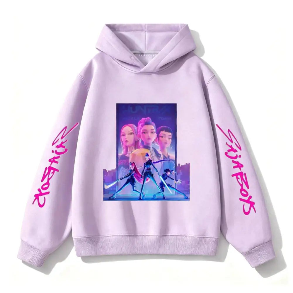 Purple Hooded Tops Fashion Casual Clothes Kids New Design Hoodies Kpop Demon Hunters Girls Group Clothing Toddler Autumn Wear