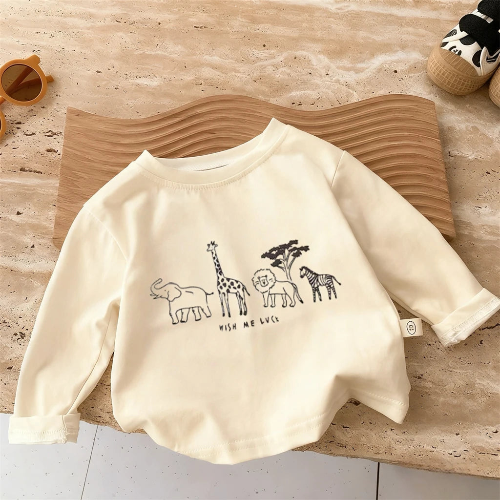 Simple Tees 2-7Age Kids Long-sleeved  T-shirts Loose Casual Clothes Cartoon Animals Printed Crewneck Base Shirt Pure Cotton Wear
