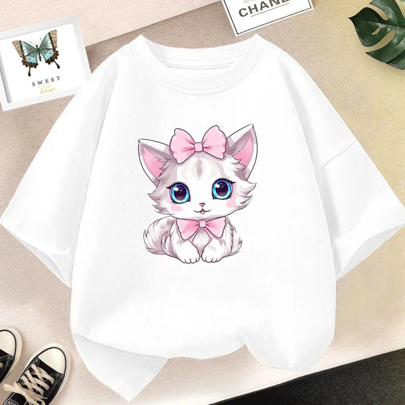 Kawaii Cat Print Lovely T-shirt Girl Animal  Fashion Print Tops Tee Gril Black White Clothes