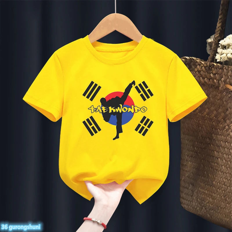 Newly Boys Tshirt Taekwondo Fighter Korean Martial Art Kick And Punch Graphic Print T-Shirt Kids Summer Toddler Tshirt Tops