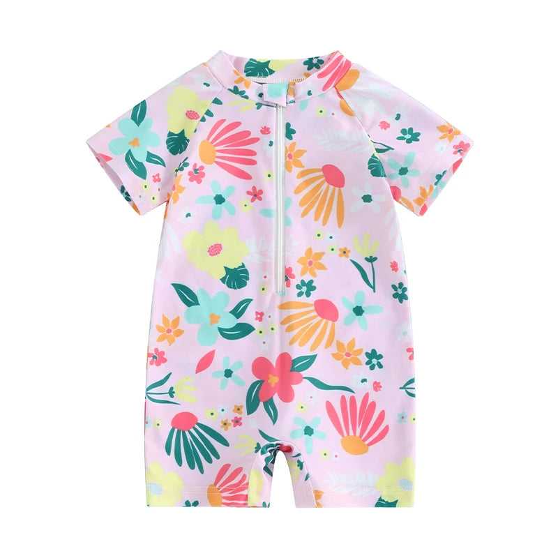 Toddler Infant Girls Rash Guard Swimsuit Rompers Zipper Short Sleeve Floral Print Kids Bathing Suit Baby Swimwear