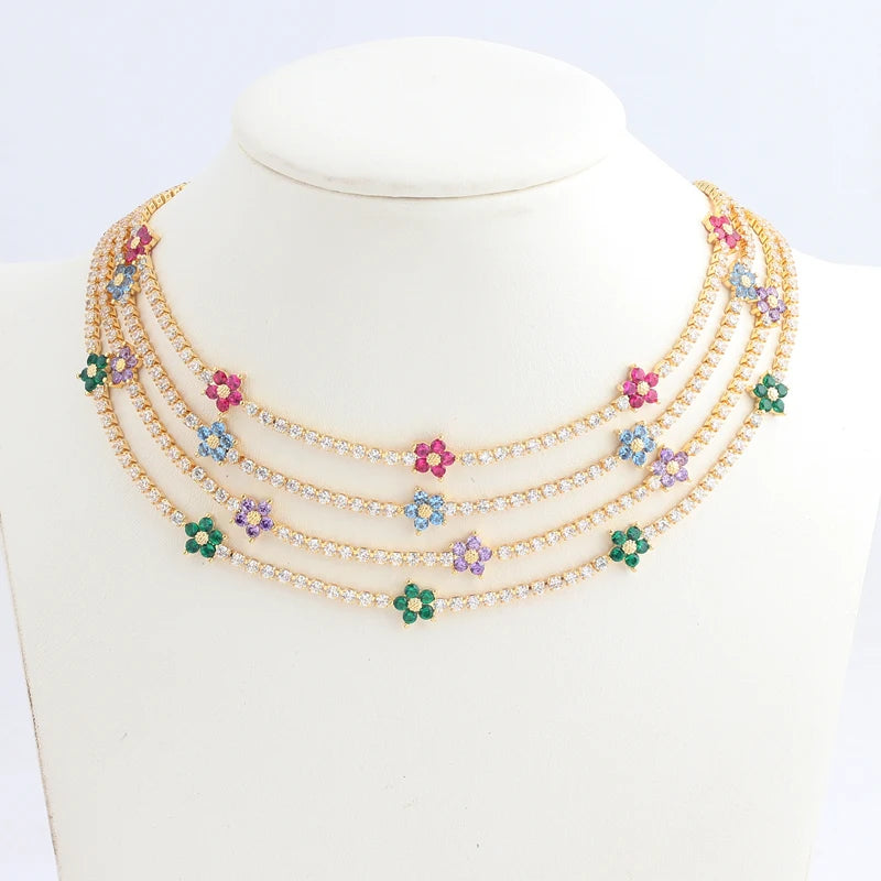 "BIJOUX" Nouveau collier plaqué or avec chaîne en zircon cubique et fleur colorée