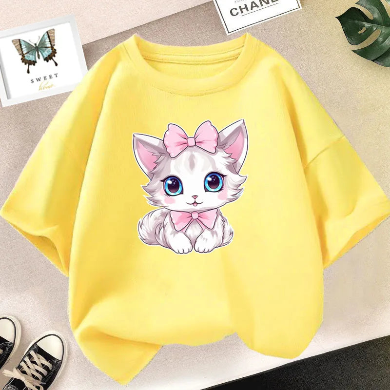 Kawaii Cat Print Lovely T-shirt Girl Animal  Fashion Print Tops Tee Gril Black White Clothes