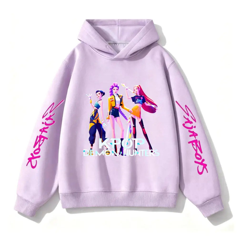 Purple Hooded Tops Fashion Casual Clothes Kids New Design Hoodies Kpop Demon Hunters Girls Group Clothing Toddler Autumn Wear