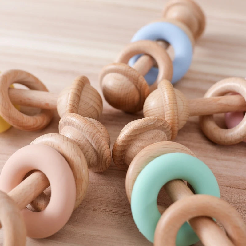 "JOUET" Jouet pour bébé hochet en bois anneaux de dentition en Silicone pour bébé 0 à 12 mois