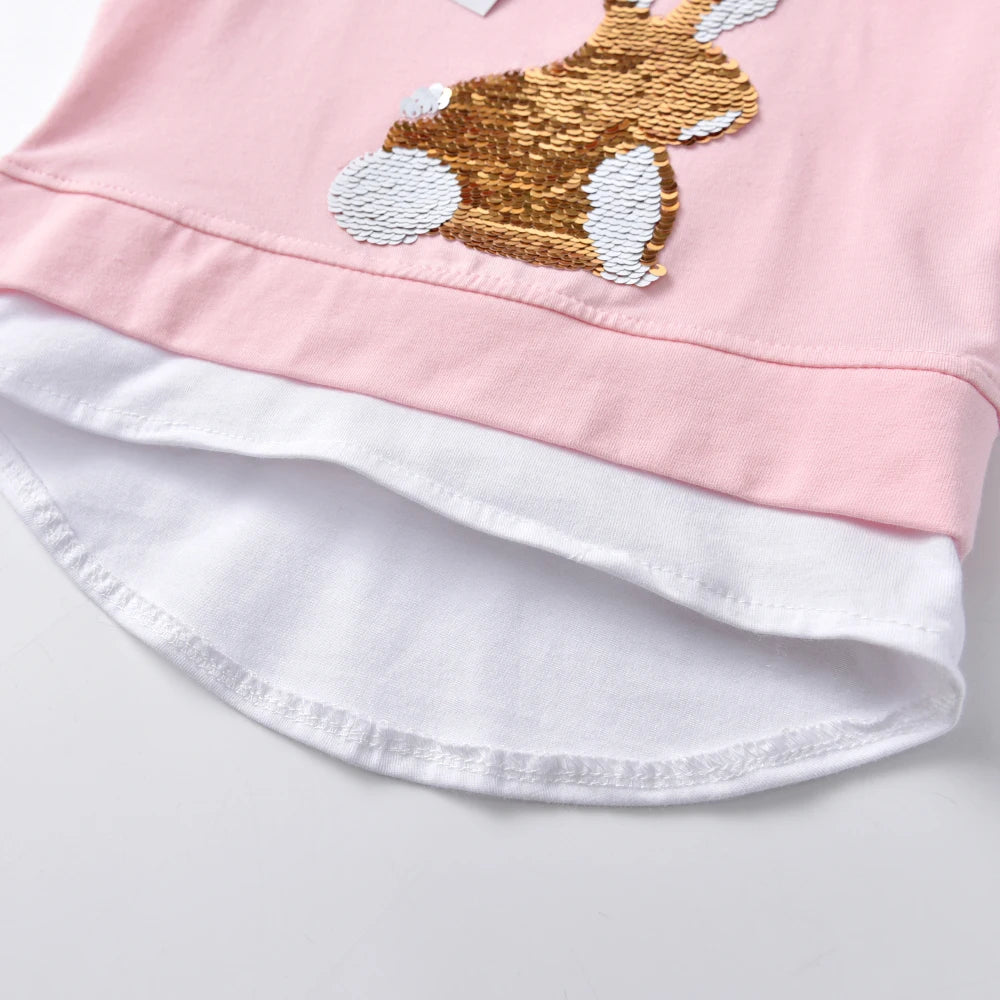 "VETEMENTS" T-shirts à manches courtes DXTON pour filles, motif lapin à paillettes, col rond, hauts et t-shirts décontractés pour enfants