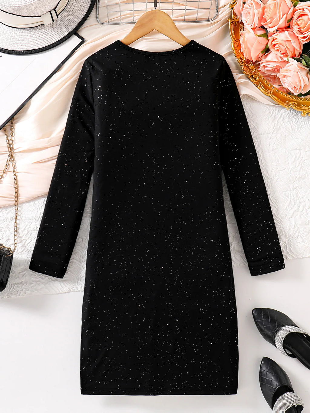 Spring and Autumn Girls' High-End Fashionable Black French Velvet Dress with Elegant Inner Little Black Dress