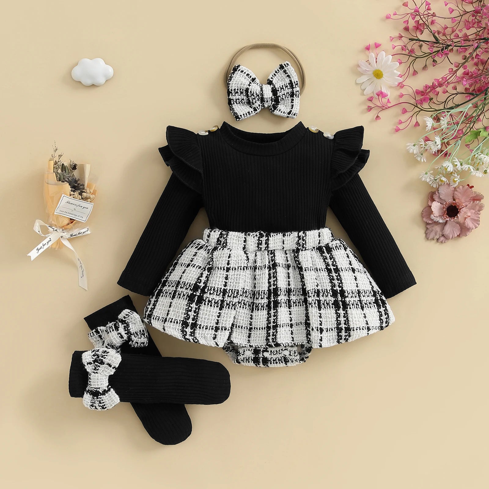 SUNSIOM 0-18 Months Baby Girl Rompers Outfits Long Sleeve Plaid Print Skirt Bodysuit with Headband Socks Set Infant Fall Clothes