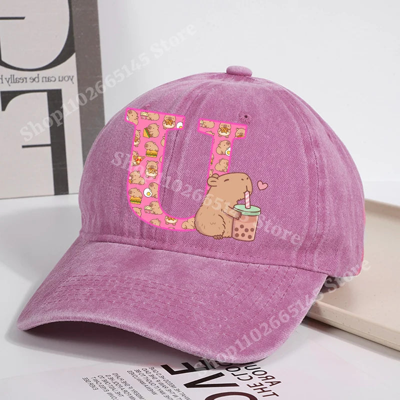 Capibara Baseball Cap for Women New Cute Capybara Letter A-Z Sun Hat Outdoor Sport Travel Sunbonnet Adult Fashion Headgear Gift