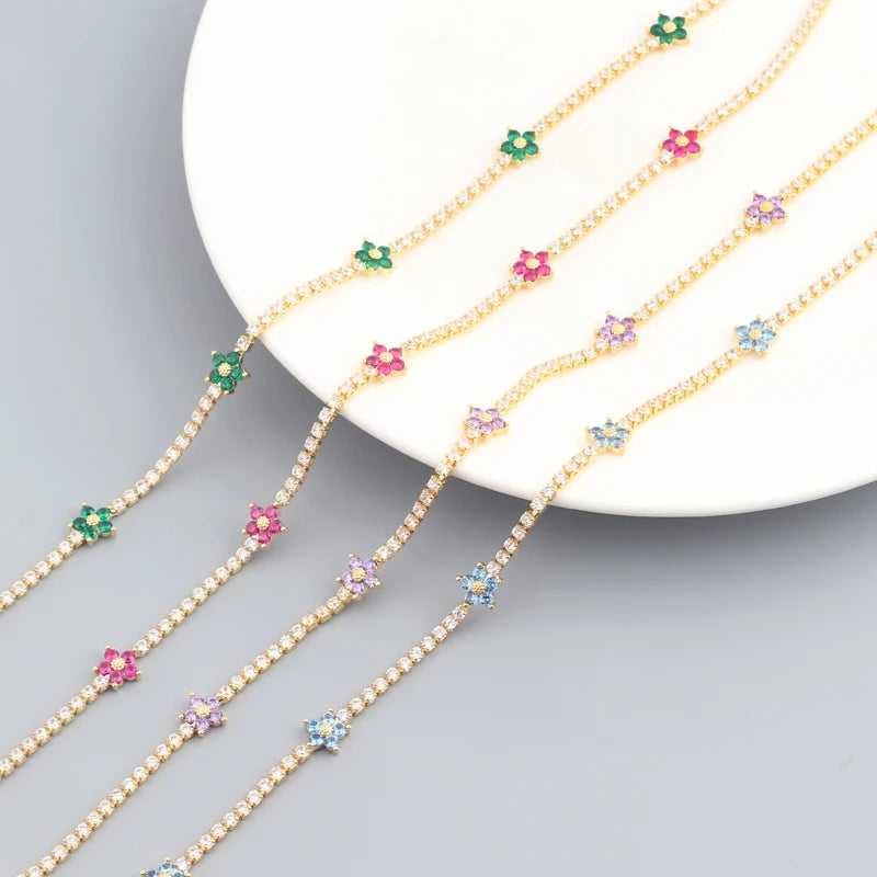 "BIJOUX" Nouveau collier plaqué or avec chaîne en zircon cubique et fleur colorée