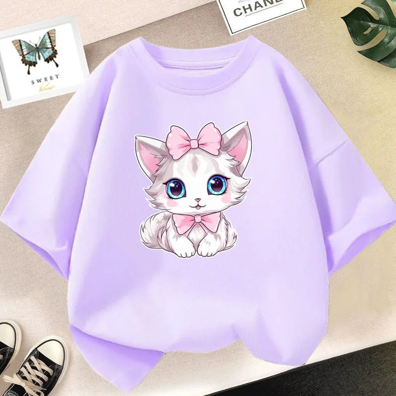 Kawaii Cat Print Lovely T-shirt Girl Animal  Fashion Print Tops Tee Gril Black White Clothes