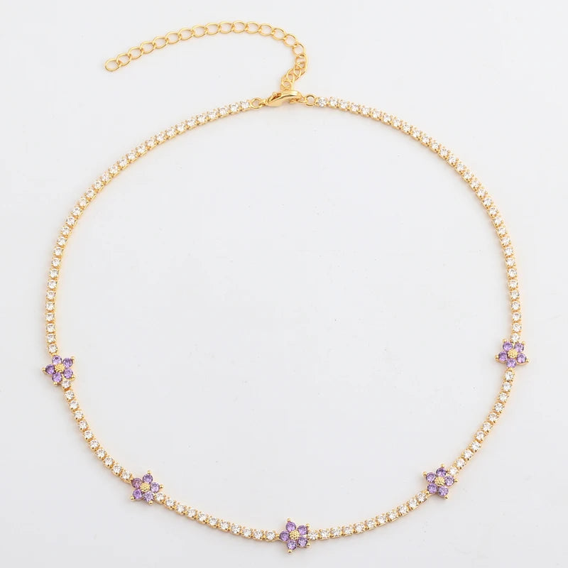 "BIJOUX" Nouveau collier plaqué or avec chaîne en zircon cubique et fleur colorée