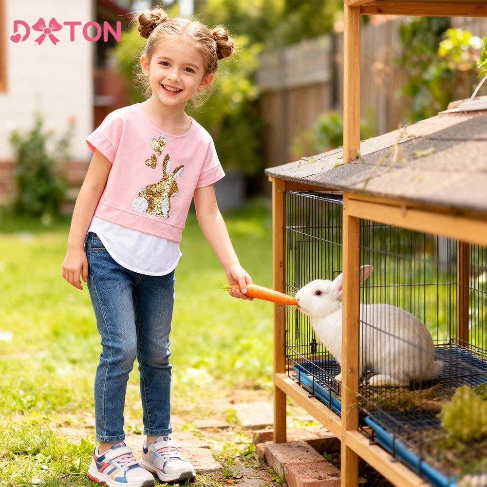 "VETEMENTS" T-shirts à manches courtes DXTON pour filles, motif lapin à paillettes, col rond, hauts et t-shirts décontractés pour enfants