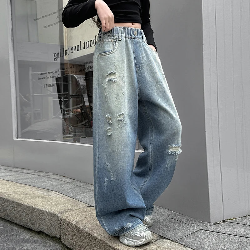 "VETEMENTS" Jean style usé pour filles, coupe ample, jambes larges, pour enfants de 5 à 14 ans