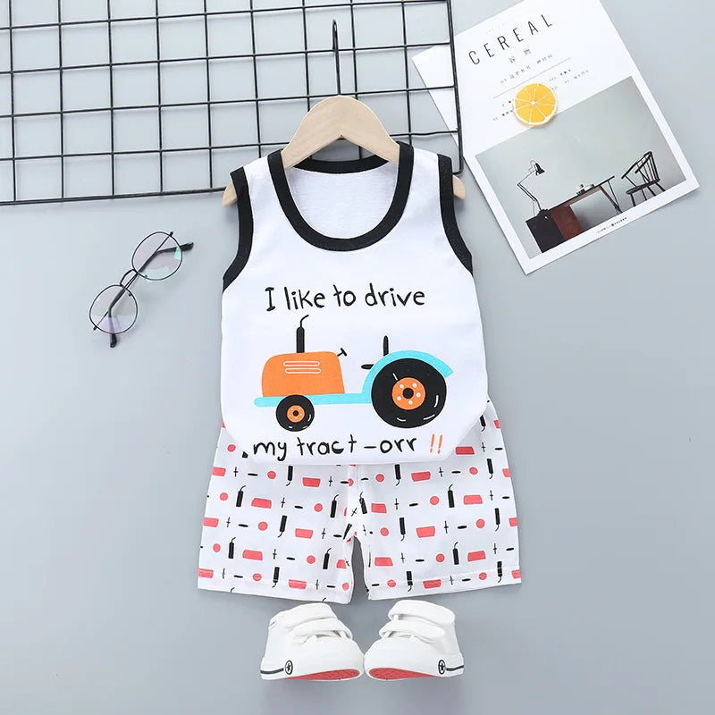 Summer Cute Cartoon 2PCS Kids Baby Boys Girls Cartoon Vest Top Shorts Pants Set Clothes Children Pajamas Girls Clothing Sets