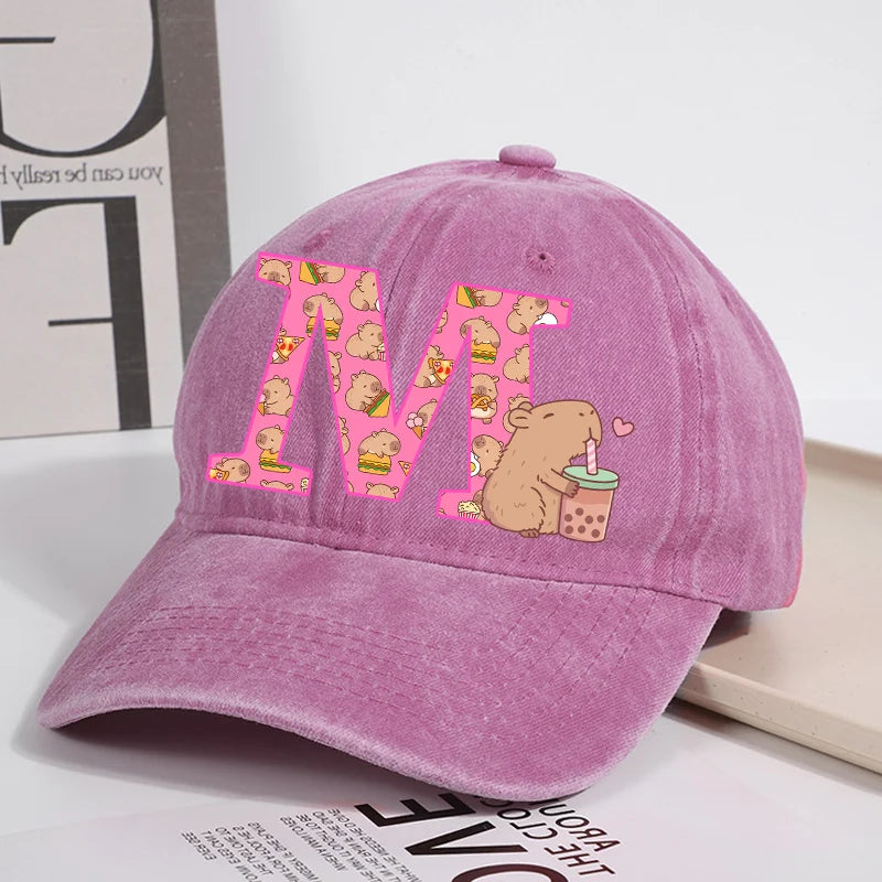 Capibara Baseball Cap for Women New Cute Capybara Letter A-Z Sun Hat Outdoor Sport Travel Sunbonnet Adult Fashion Headgear Gift