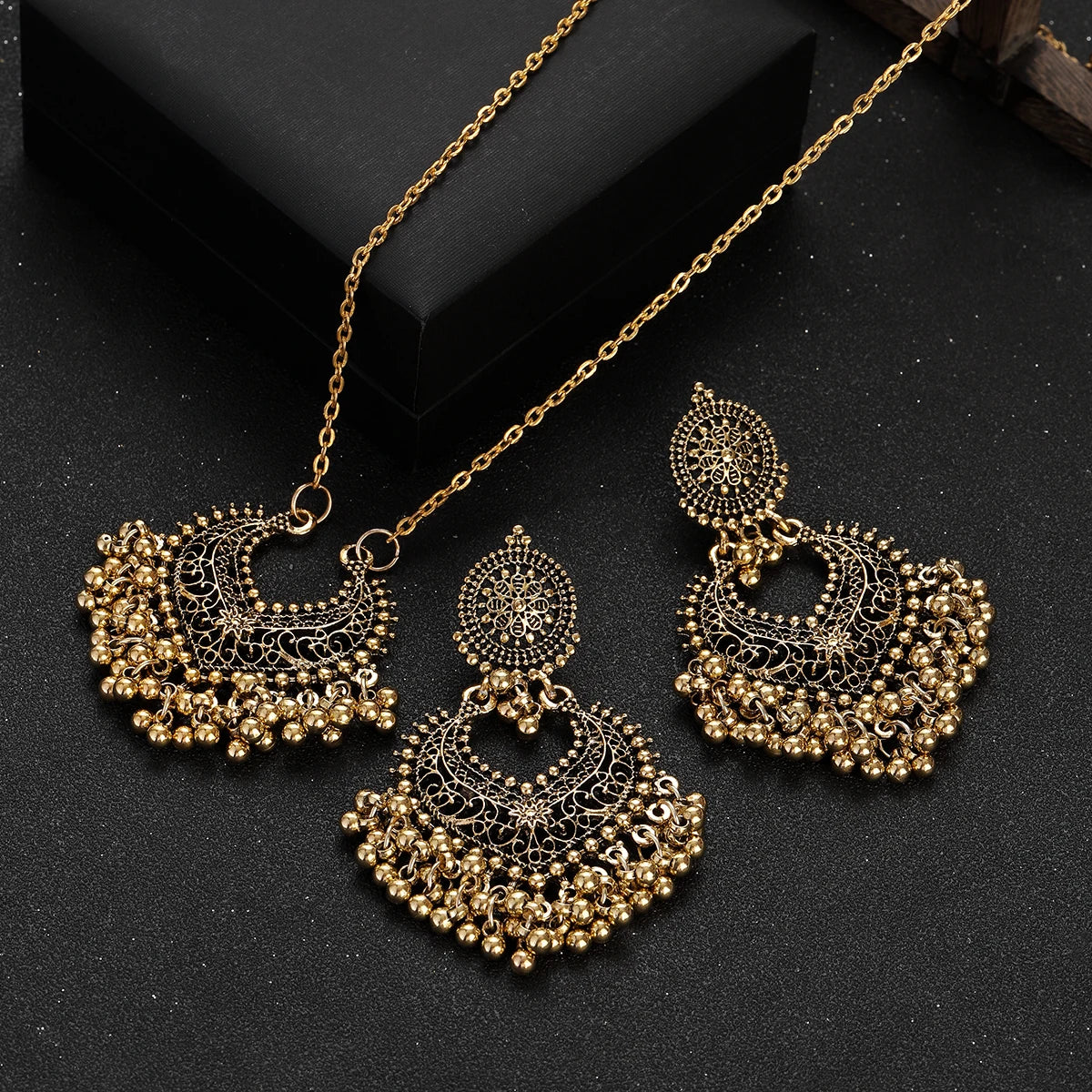 "BIJOUX" Parure de bijoux, style rétro, plaquée or, avec perles, boucles d'oreilles et collier