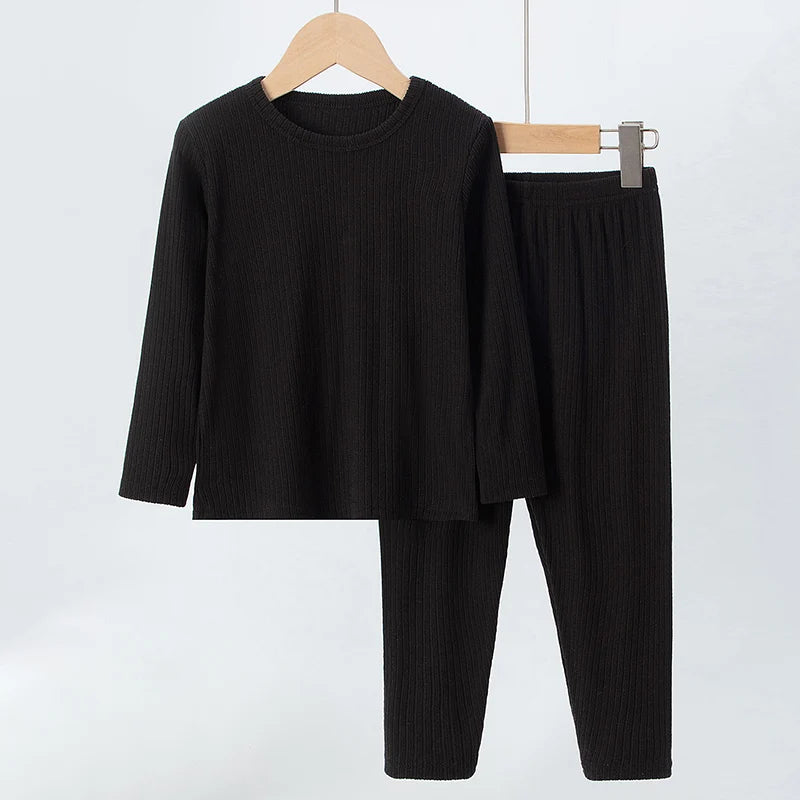 2-Piece Autumn/Winter Children's 5-color Pit Stripe Thermal Underwear Set Boys' Versatile Home Clothes Girls' Sweet Sleepwear