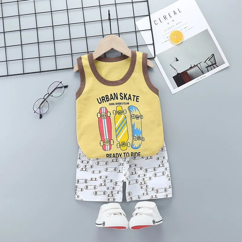 Summer Cute Cartoon 2PCS Kids Baby Boys Girls Cartoon Vest Top Shorts Pants Set Clothes Children Pajamas Girls Clothing Sets