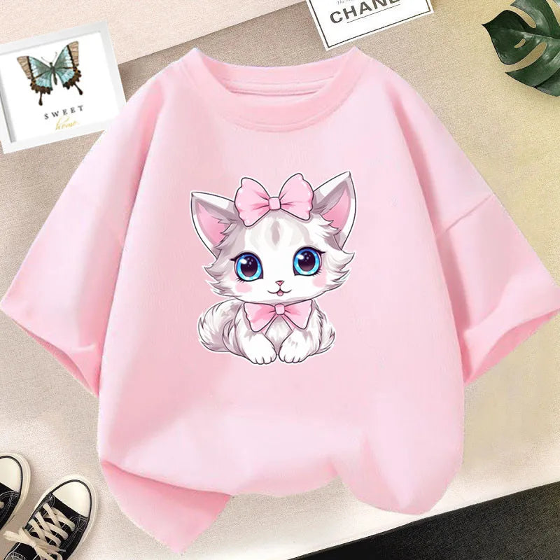Kawaii Cat Print Lovely T-shirt Girl Animal  Fashion Print Tops Tee Gril Black White Clothes