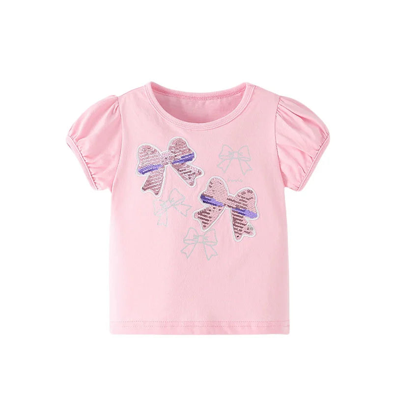 Jumping Meters 2-7T Hearts Beading Girls Tops Hot Selling Cotton Summer Girls Tshirts Baby Clothes Children's Tees Costume