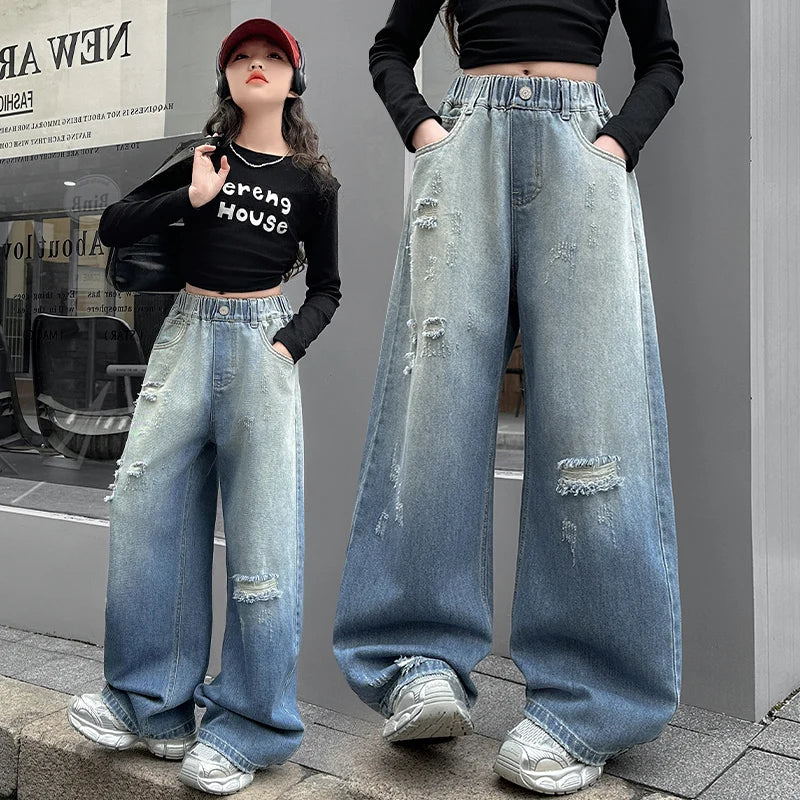 "VETEMENTS" Jean style usé pour filles, coupe ample, jambes larges, pour enfants de 5 à 14 ans