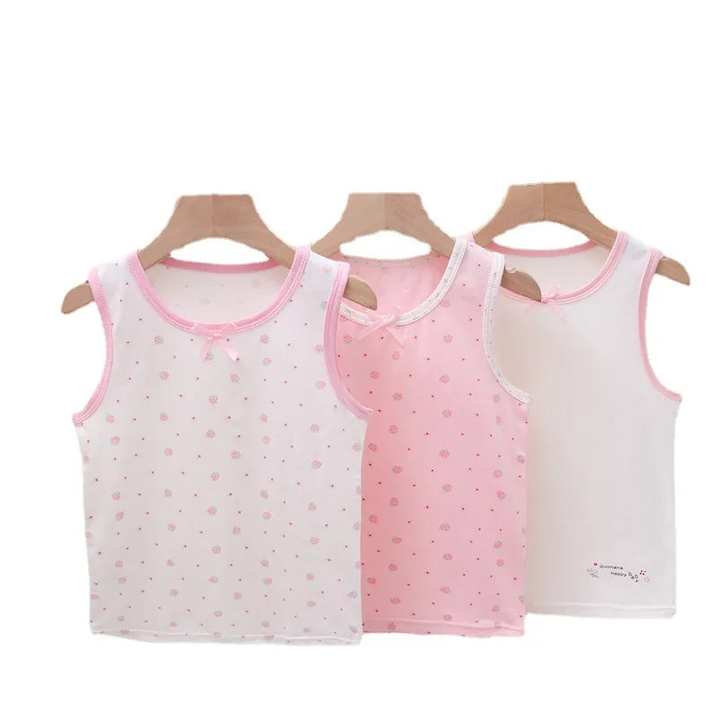 3pcs/Lot Girls Cotton Singlet Underwear Tank Strawberry Prints Kids Undershirts Cotton Tank Bow Tops Size 100-150