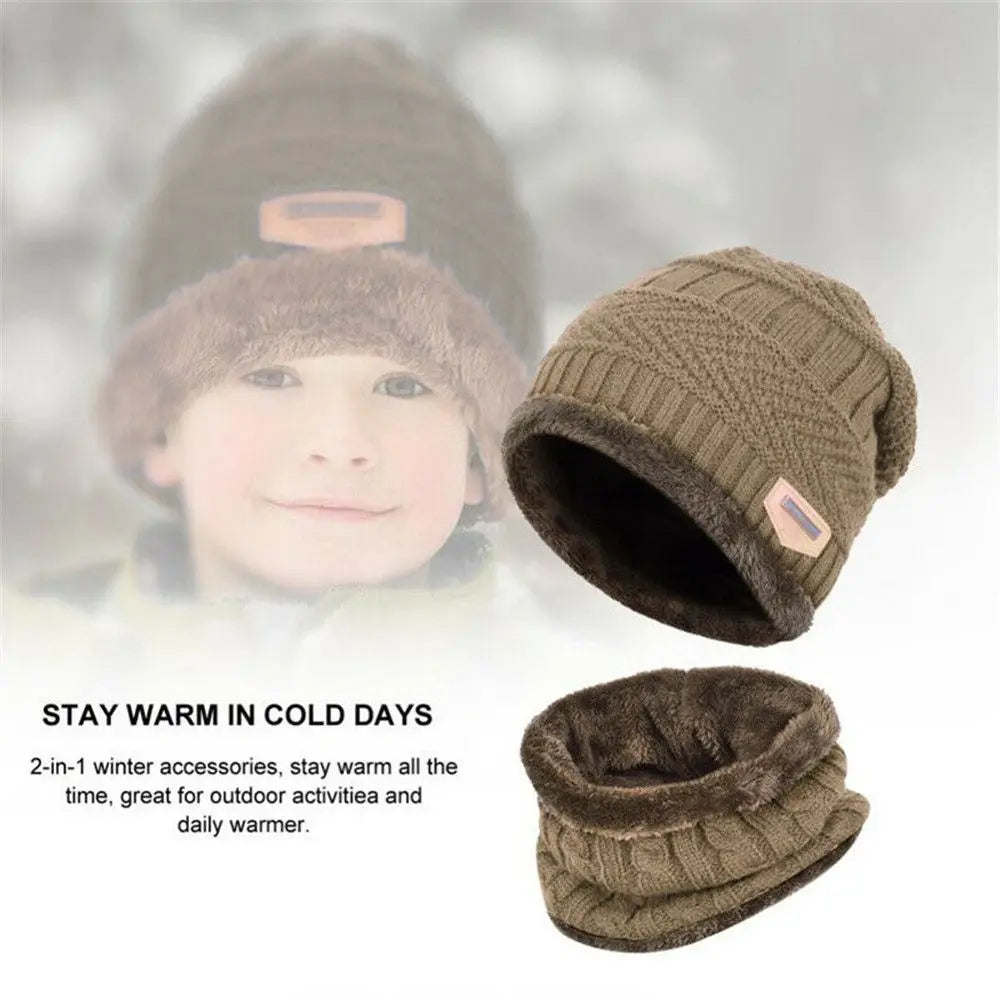 Kids Beanie Warm Hat Scarf Set Neck Cover Winter Fleece Knitted Thick Ski Cap