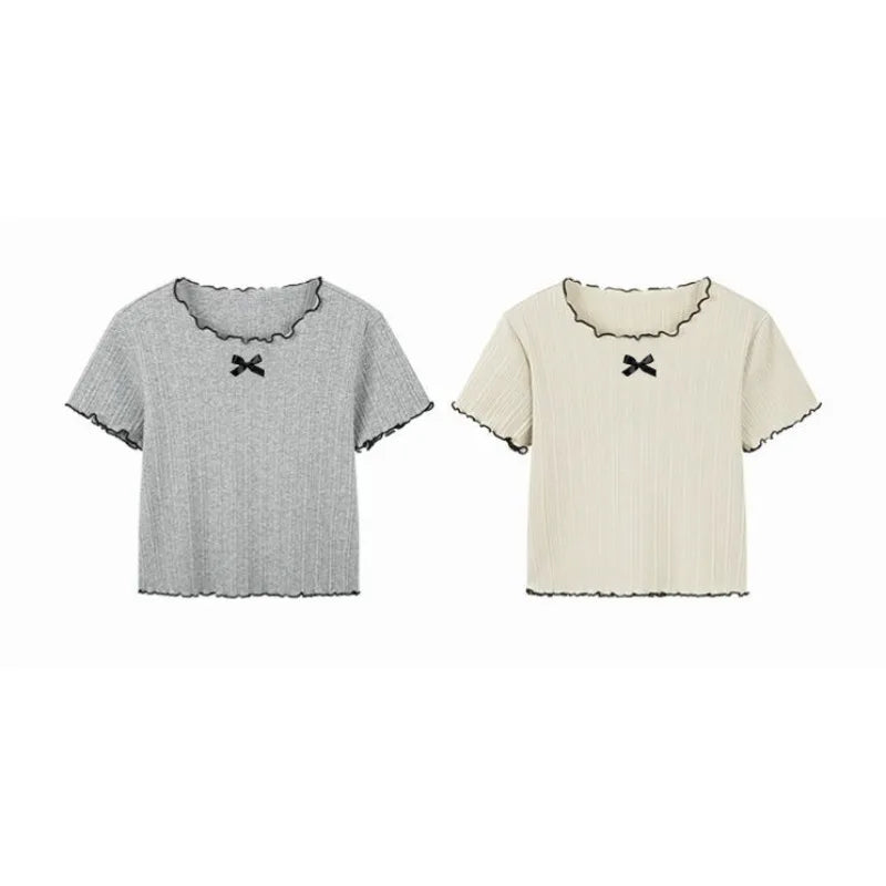 "VETEMENTS" T-shirts pour filles de 1 à 12 ans, en maille, ornés de dentelle, manches courtes, tendance et respirants