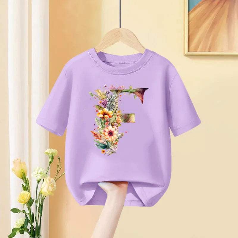 Girls T-Shirt 26 English Letter A B C D Children Fashion Flower T Shirt Kids  Custom Name Letter Summer Purple Clothes