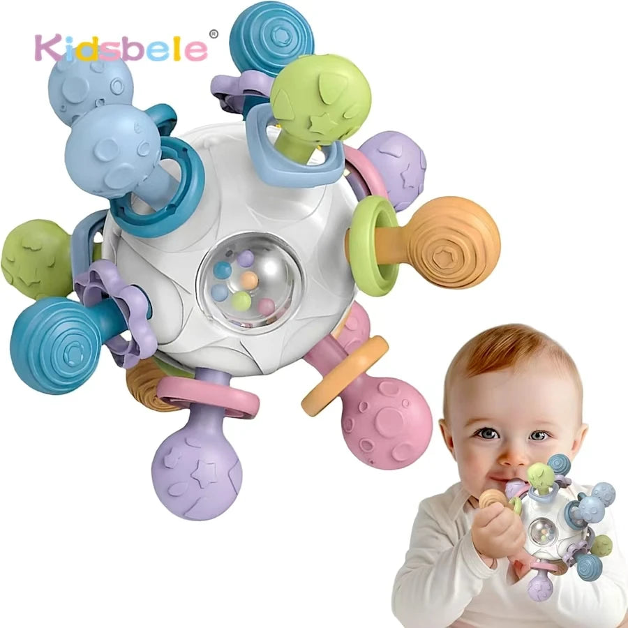 Newborn Infant Shake Grab Spin Multi Sensory Ball Toy 3 in 1 Soft Silicone Chew & Grab Toy for Babies 0-12 Months Christmas Gift