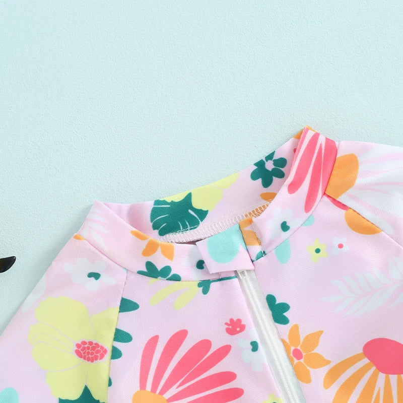 Toddler Infant Girls Rash Guard Swimsuit Rompers Zipper Short Sleeve Floral Print Kids Bathing Suit Baby Swimwear