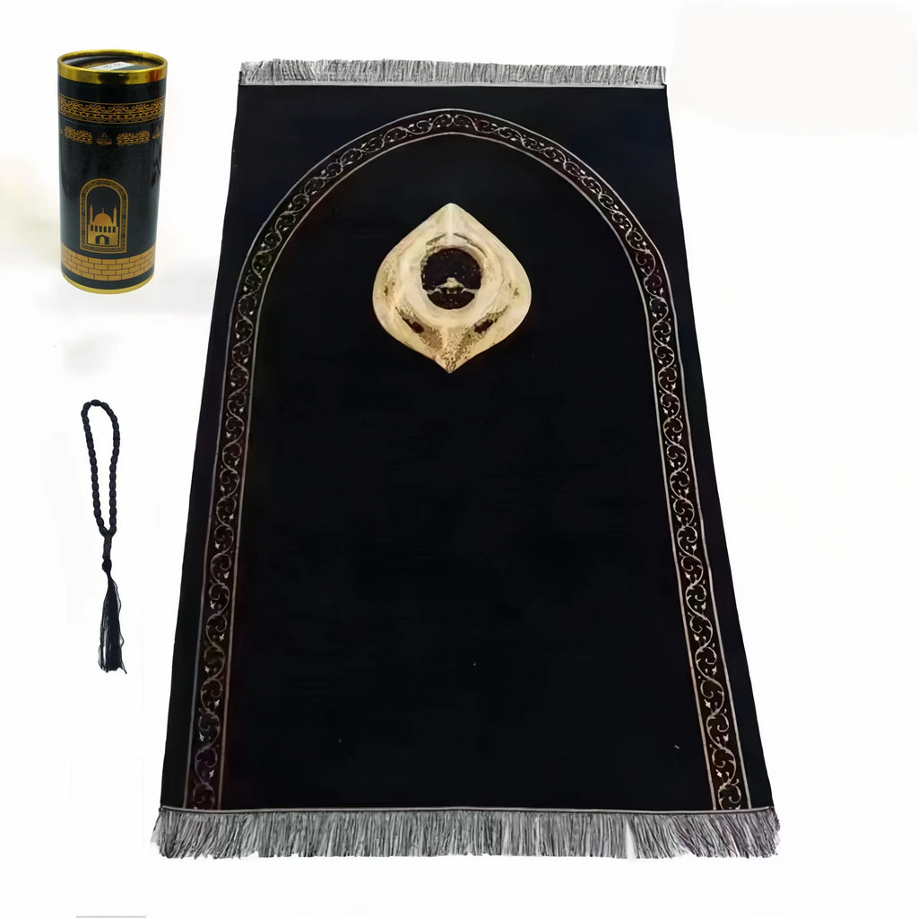 "SPECIAL RAMADAN" Muslim Prayer Rug and Prayer Beads with Gift Box; Muslim Prayer Rug and Prayer Beads with Elegant Design Cylinder Gift Box Soft Islamic Gifts Set Carpet Mat Black