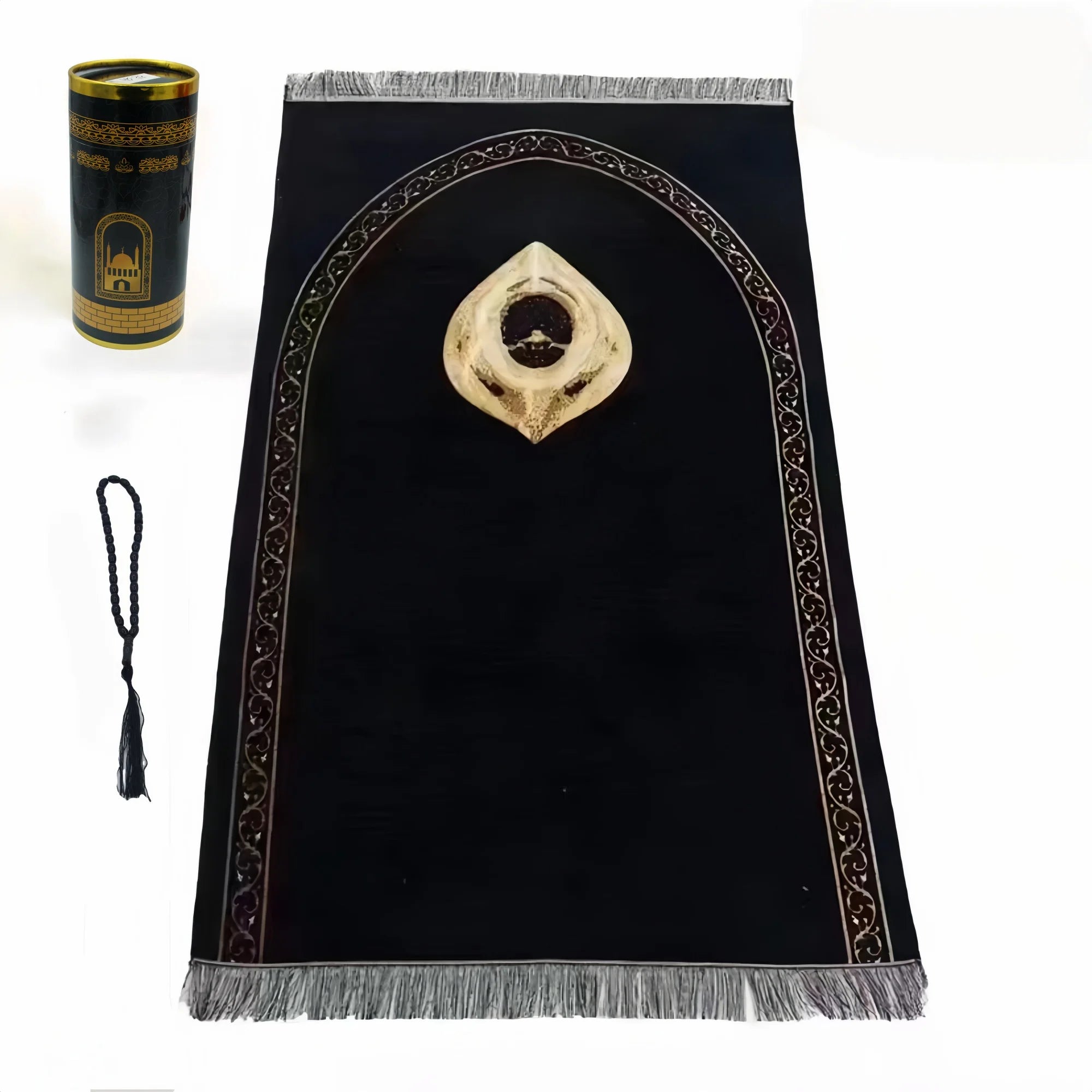 "SPECIAL RAMADAN" Muslim Prayer Rug and Prayer Beads with Gift Box; Muslim Prayer Rug and Prayer Beads with Elegant Design Cylinder Gift Box Soft Islamic Gifts Set Carpet Mat Black