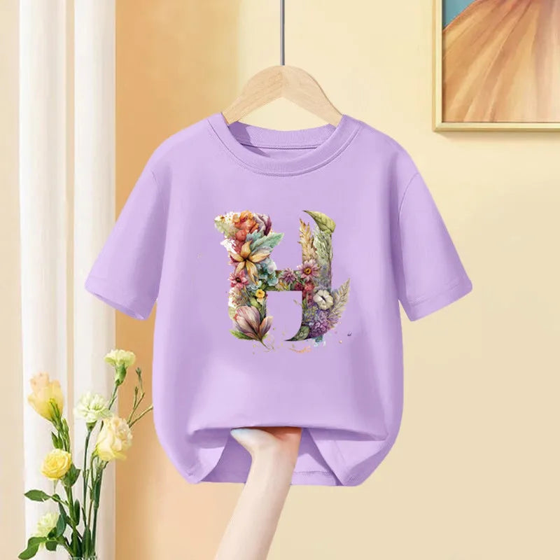 Girls T-Shirt 26 English Letter A B C D Children Fashion Flower T Shirt Kids  Custom Name Letter Summer Purple Clothes