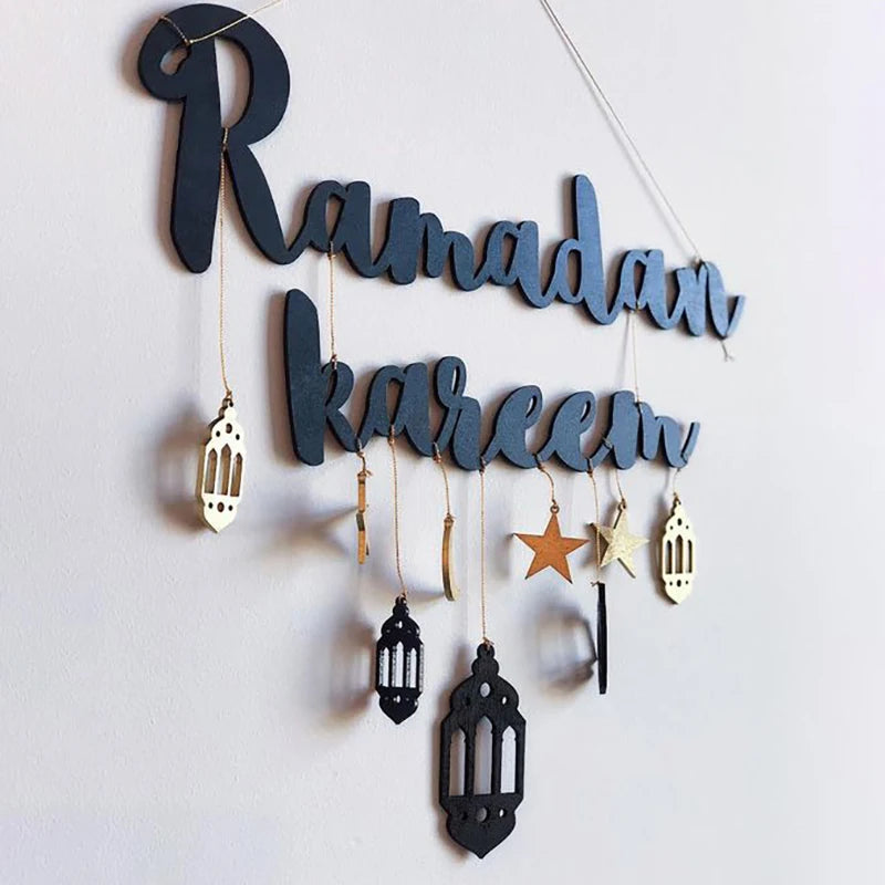 "SPECIAL RAMADAN" Ramadan Kareem Hanging Wooden Decoration for the Islamic Holy Month; Ramadan Kareem Hanging Wooden Sign Islamic Holy Month Decor with Moon, Star, and Lantern Pendants for Eid Wood Craft Home Decoration