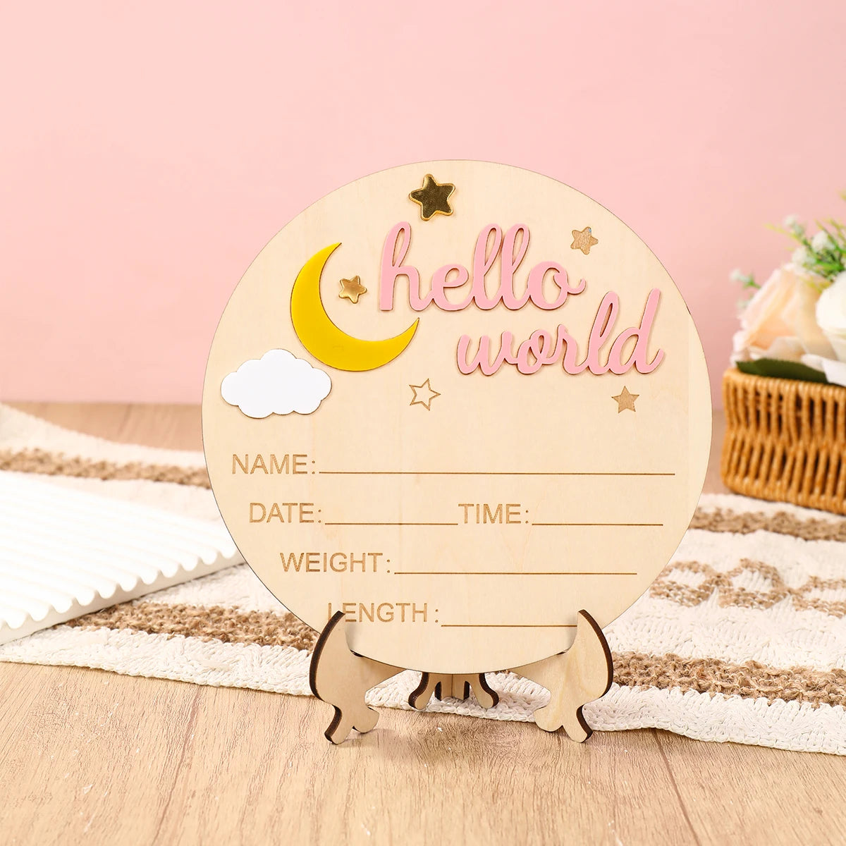 1pc Newborn Announcement Sign Hello World Newborn Welcome Sign New Baby Announcement Wooden Plaque Sign Newborn Welcome Card