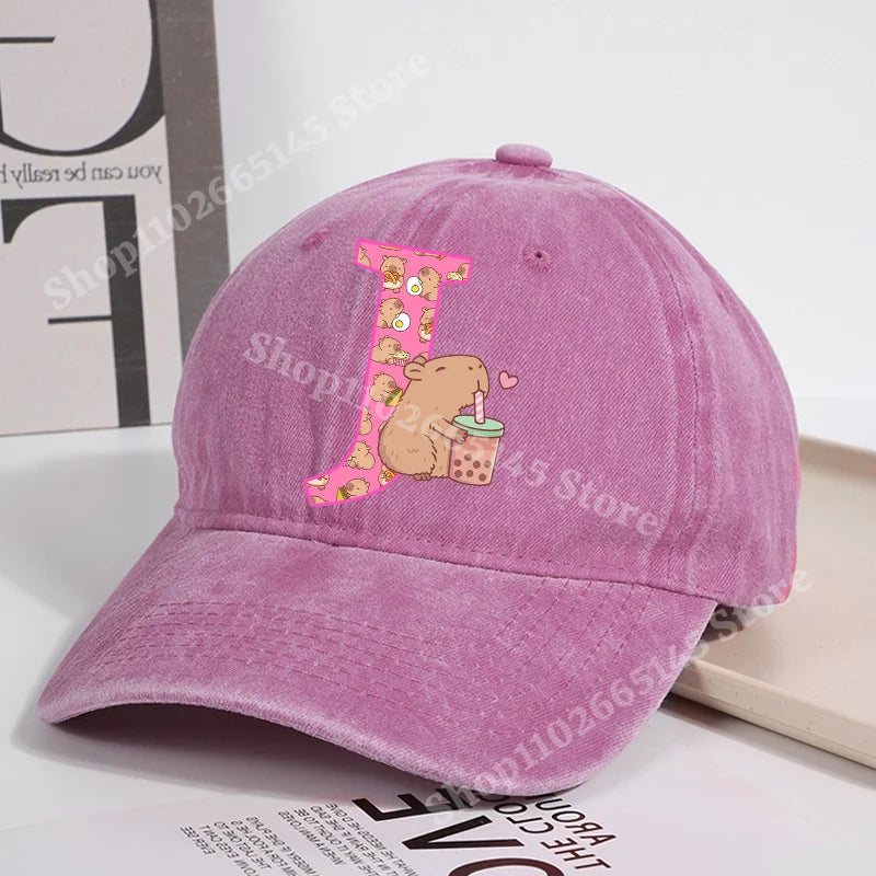 Capibara Baseball Cap for Women New Cute Capybara Letter A-Z Sun Hat Outdoor Sport Travel Sunbonnet Adult Fashion Headgear Gift