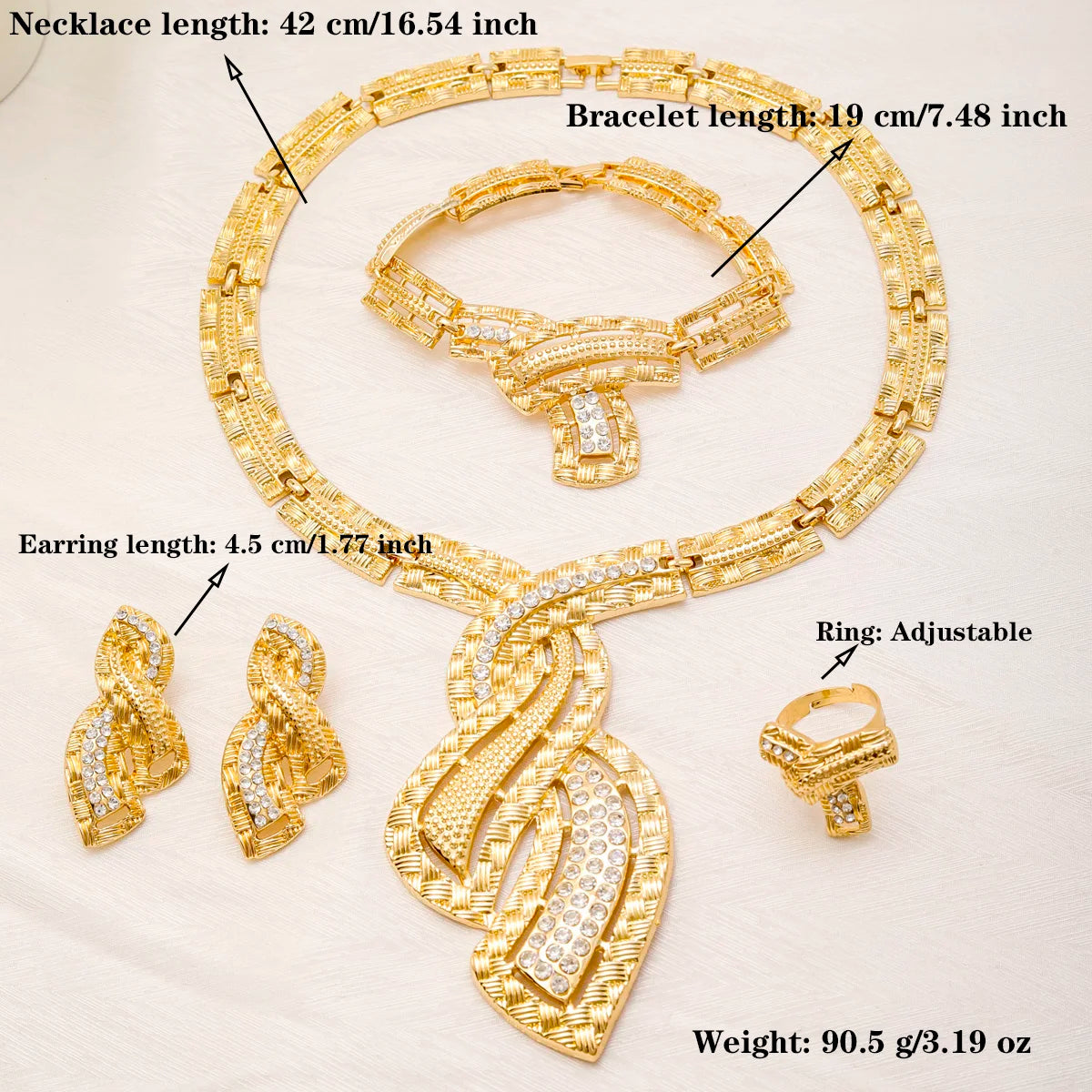 "BIJOUX" Parures de bijoux plaqués or,  collier, bracelet, boucles d'oreilles et bague avec pendentif en zircon