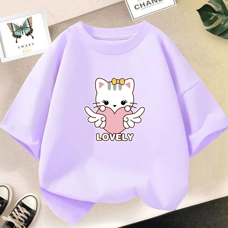 Kawaii Cat Print Lovely T-shirt Girl Animal  Fashion Print Tops Tee Gril Black White Clothes