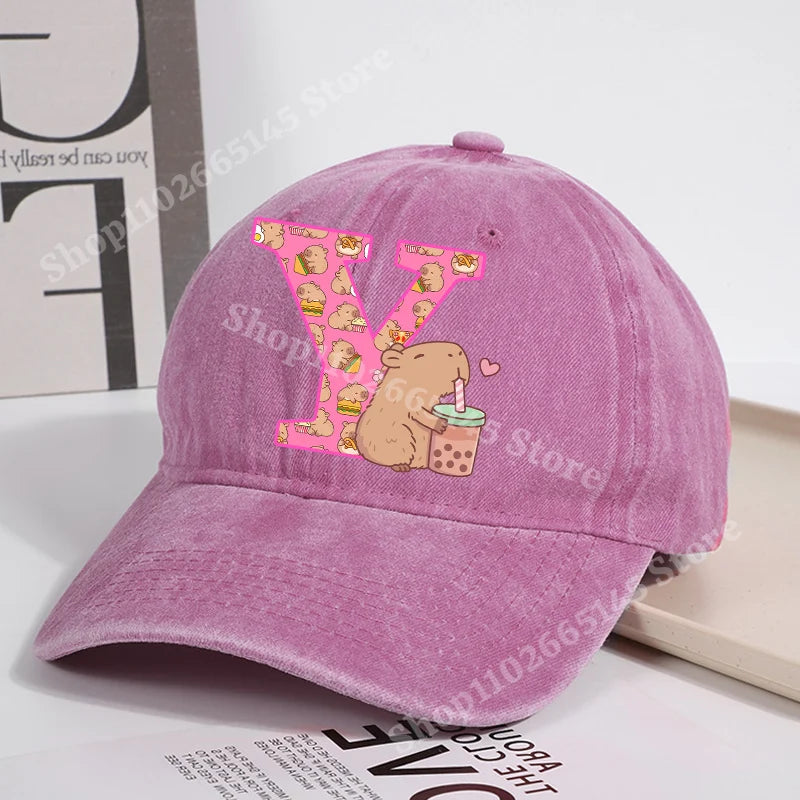 Capibara Baseball Cap for Women New Cute Capybara Letter A-Z Sun Hat Outdoor Sport Travel Sunbonnet Adult Fashion Headgear Gift